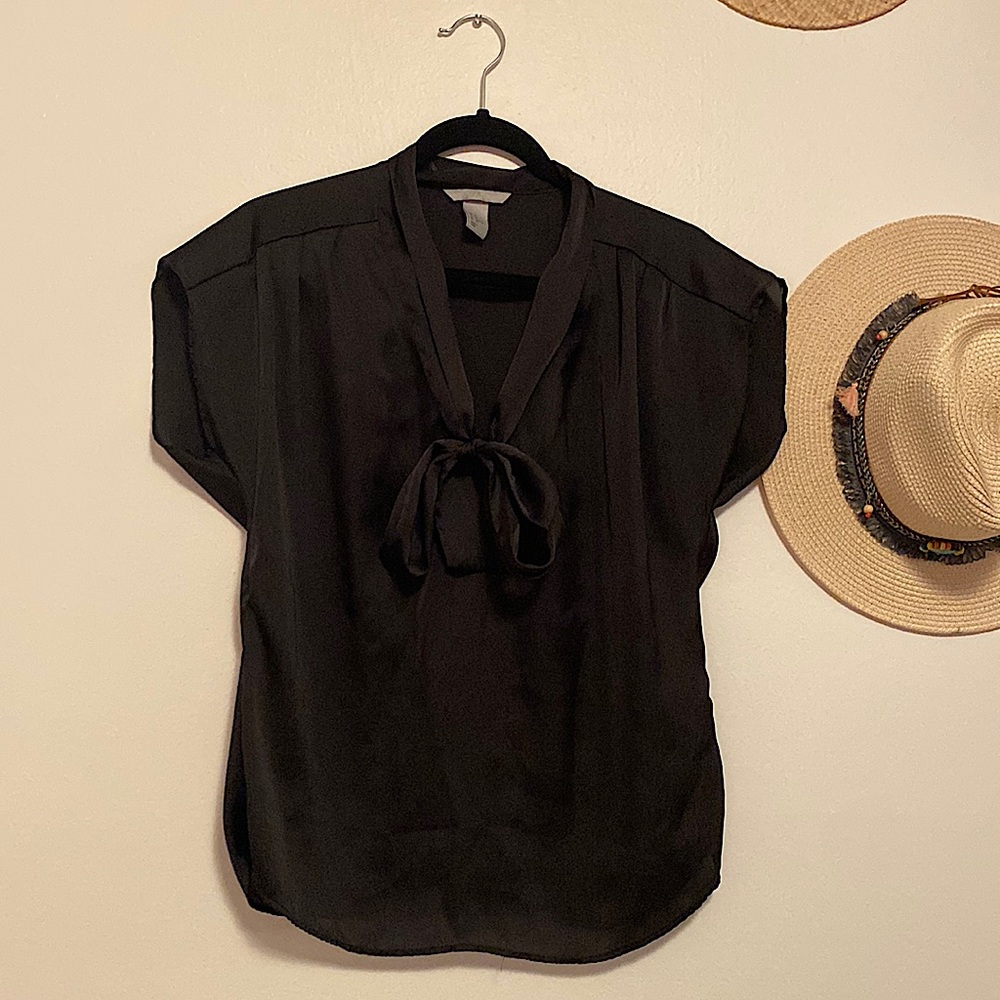 Black Polyester Tie Blouse